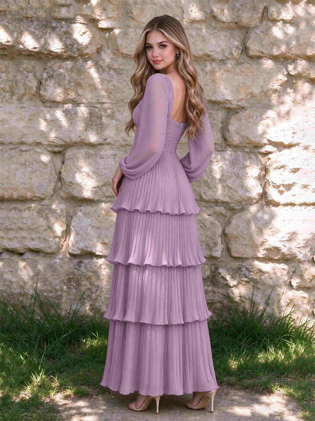 Sweetheart A-Line Long Sleeves Chiffon Tiered Pleated Wedding Guest Dress
