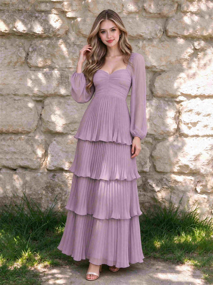 Sweetheart A-Line Long Sleeves Chiffon Tiered Pleated Wedding Guest Dress