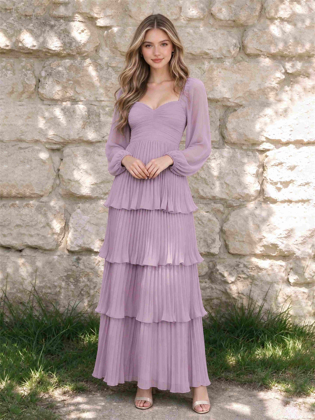 Sweetheart A-Line Long Sleeves Chiffon Tiered Pleated Wedding Guest Dress