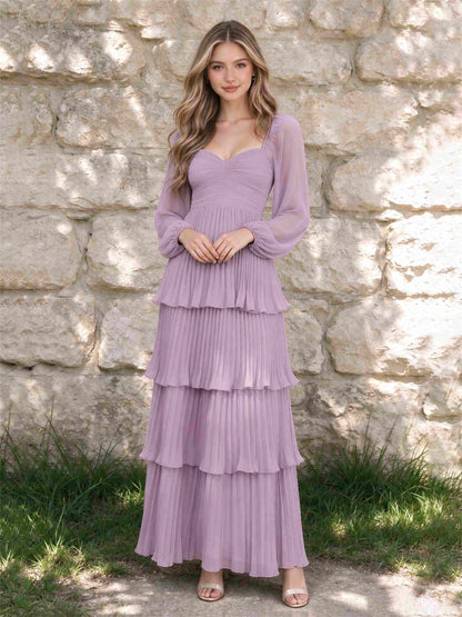 Sweetheart A-Line Long Sleeves Chiffon Tiered Pleated Wedding Guest Dress