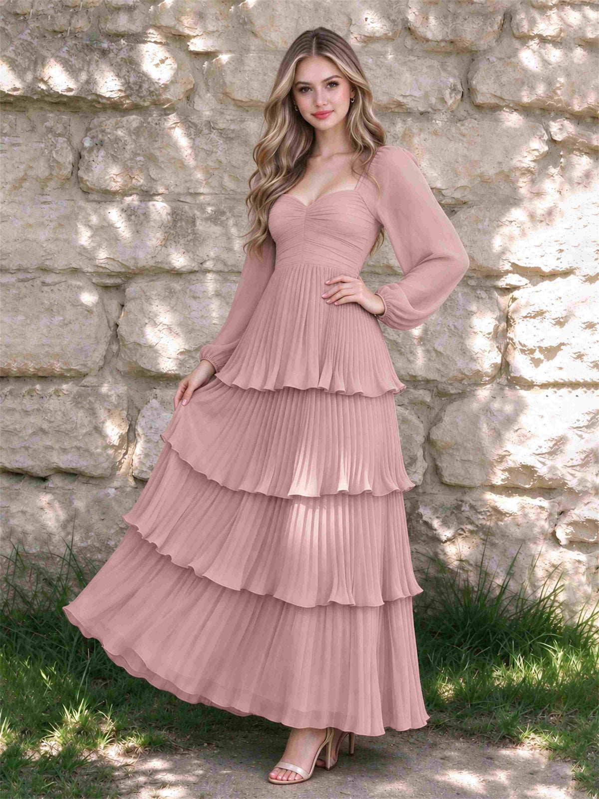 Sweetheart A-Line Long Sleeves Chiffon Tiered Pleated Wedding Guest Dress