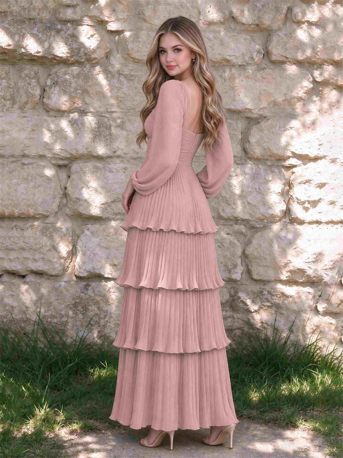 Sweetheart A-Line Long Sleeves Chiffon Tiered Pleated Wedding Guest Dress