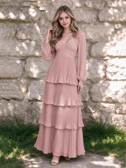 Sweetheart A-Line Long Sleeves Chiffon Tiered Pleated Wedding Guest Dress