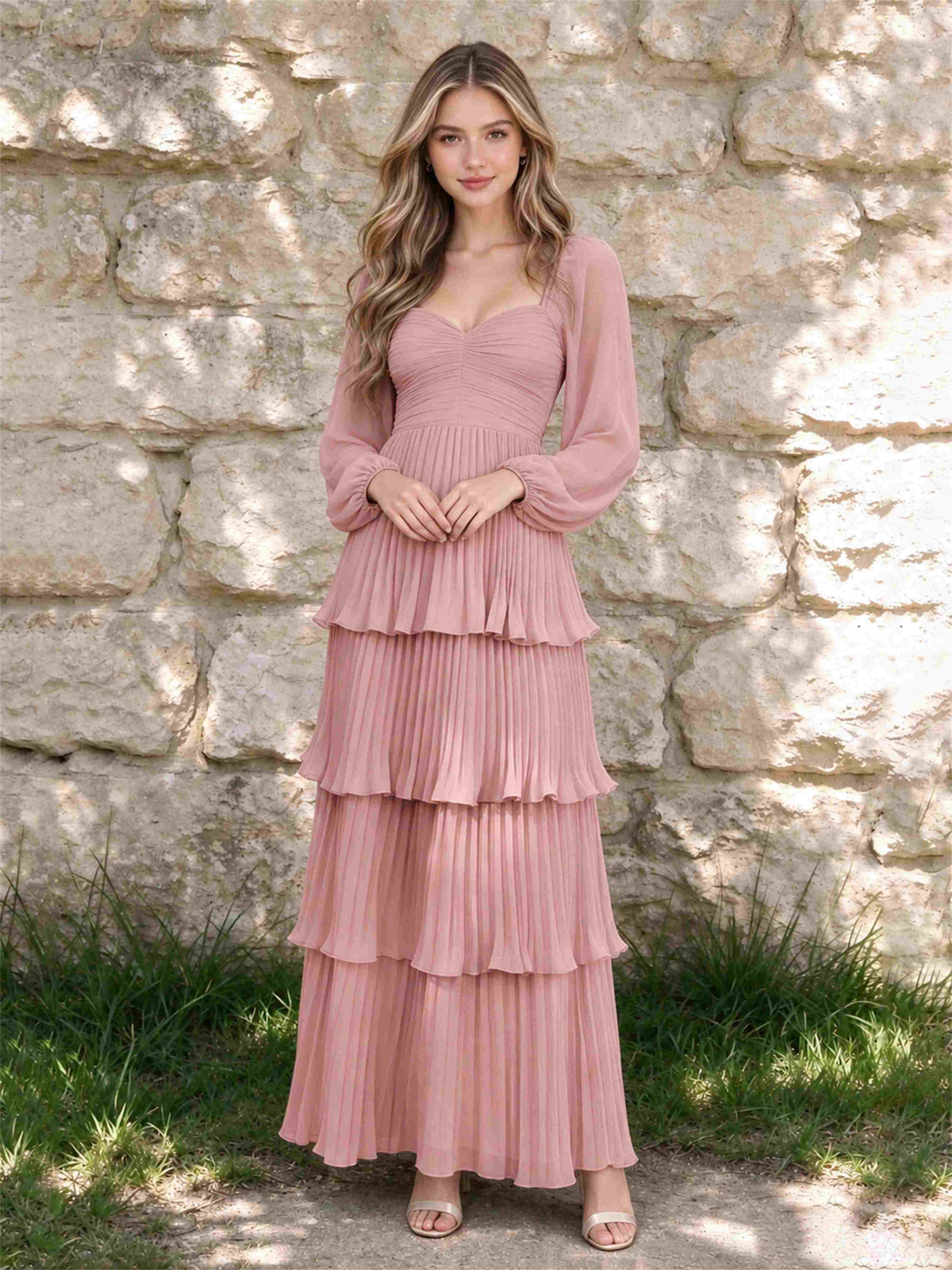 Sweetheart A-Line Long Sleeves Chiffon Tiered Pleated Wedding Guest Dress
