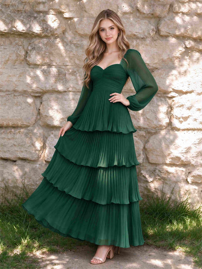 Sweetheart A-Line Long Sleeves Chiffon Tiered Pleated Wedding Guest Dress