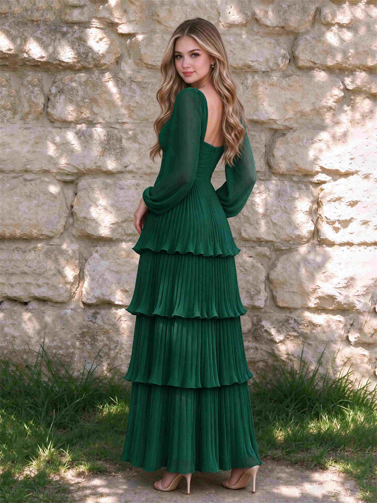 Sweetheart A-Line Long Sleeves Chiffon Tiered Pleated Wedding Guest Dress