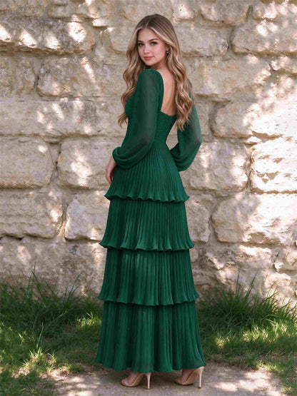 Sweetheart A-Line Long Sleeves Chiffon Tiered Pleated Wedding Guest Dress