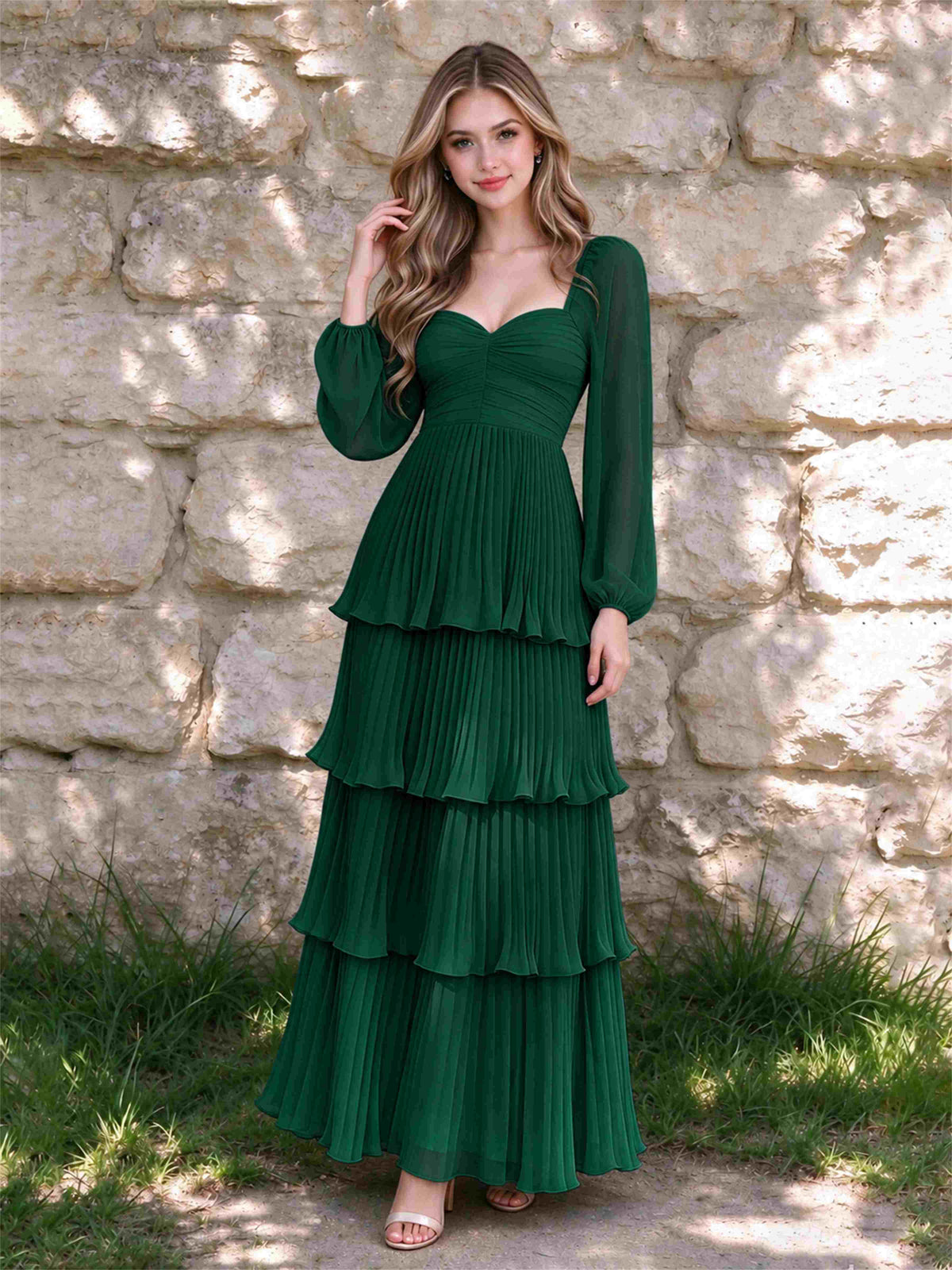 Sweetheart A-Line Long Sleeves Chiffon Tiered Pleated Wedding Guest Dress
