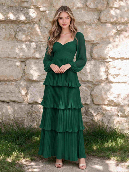 Sweetheart A-Line Long Sleeves Chiffon Tiered Pleated Wedding Guest Dress