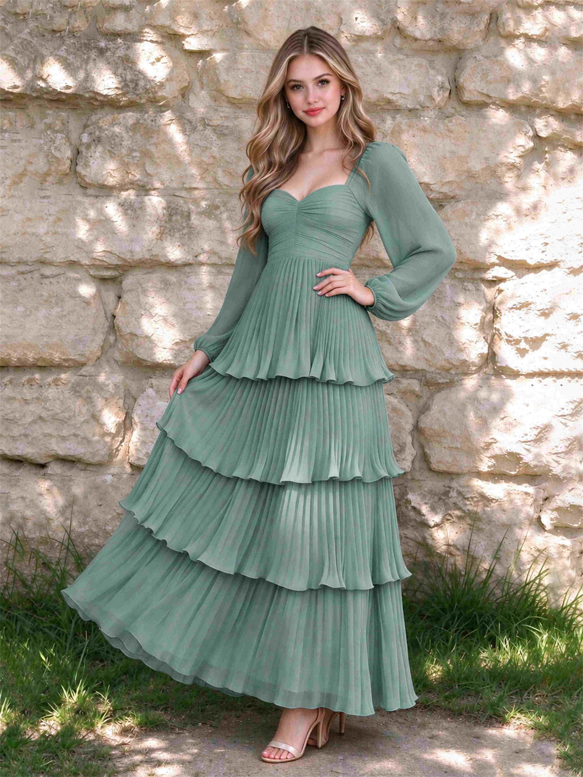 Sweetheart A-Line Long Sleeves Chiffon Tiered Pleated Wedding Guest Dress
