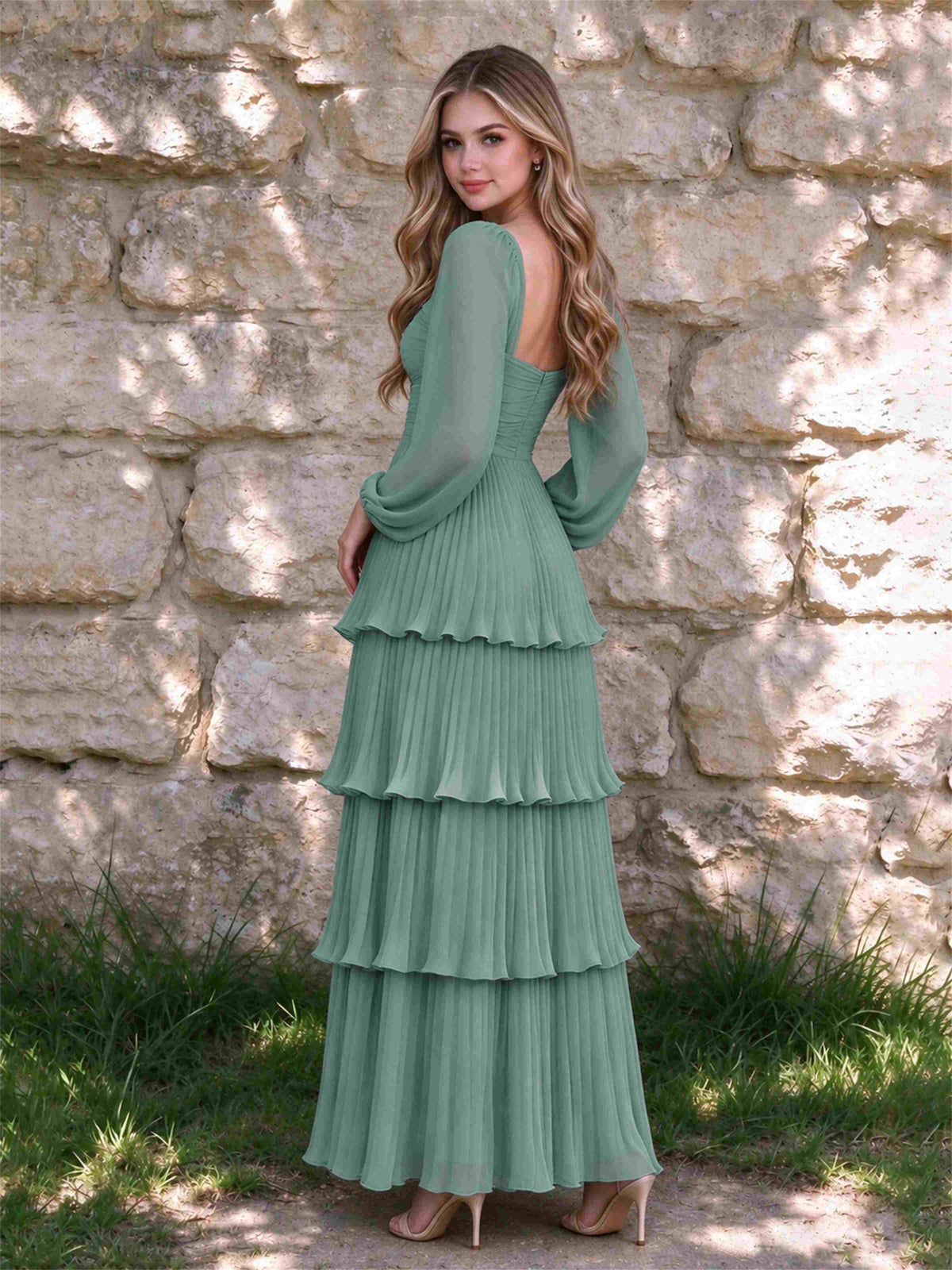 Sweetheart A-Line Long Sleeves Chiffon Tiered Pleated Wedding Guest Dress