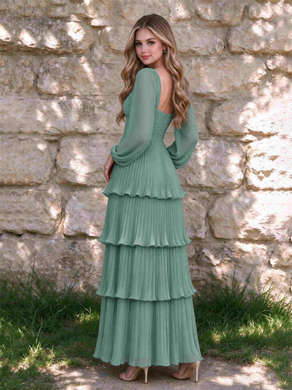 Sweetheart A-Line Long Sleeves Chiffon Tiered Pleated Wedding Guest Dress