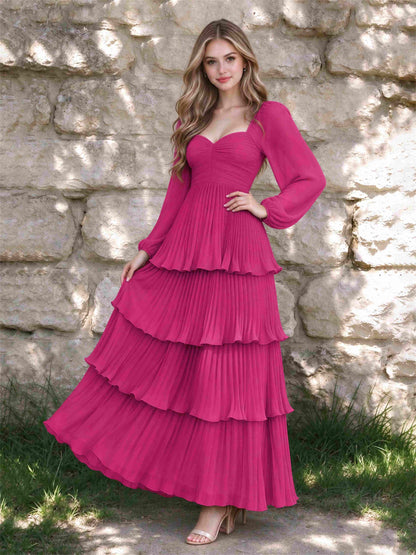 Sweetheart A-Line Long Sleeves Chiffon Tiered Pleated Wedding Guest Dress