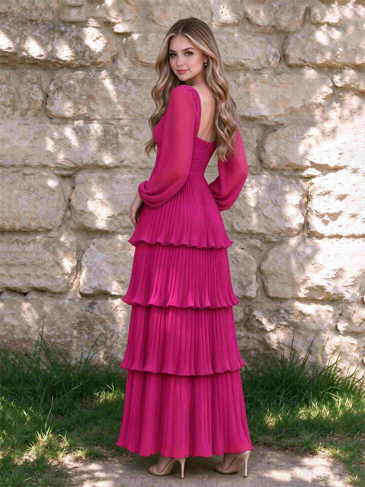 Sweetheart A-Line Long Sleeves Chiffon Tiered Pleated Wedding Guest Dress