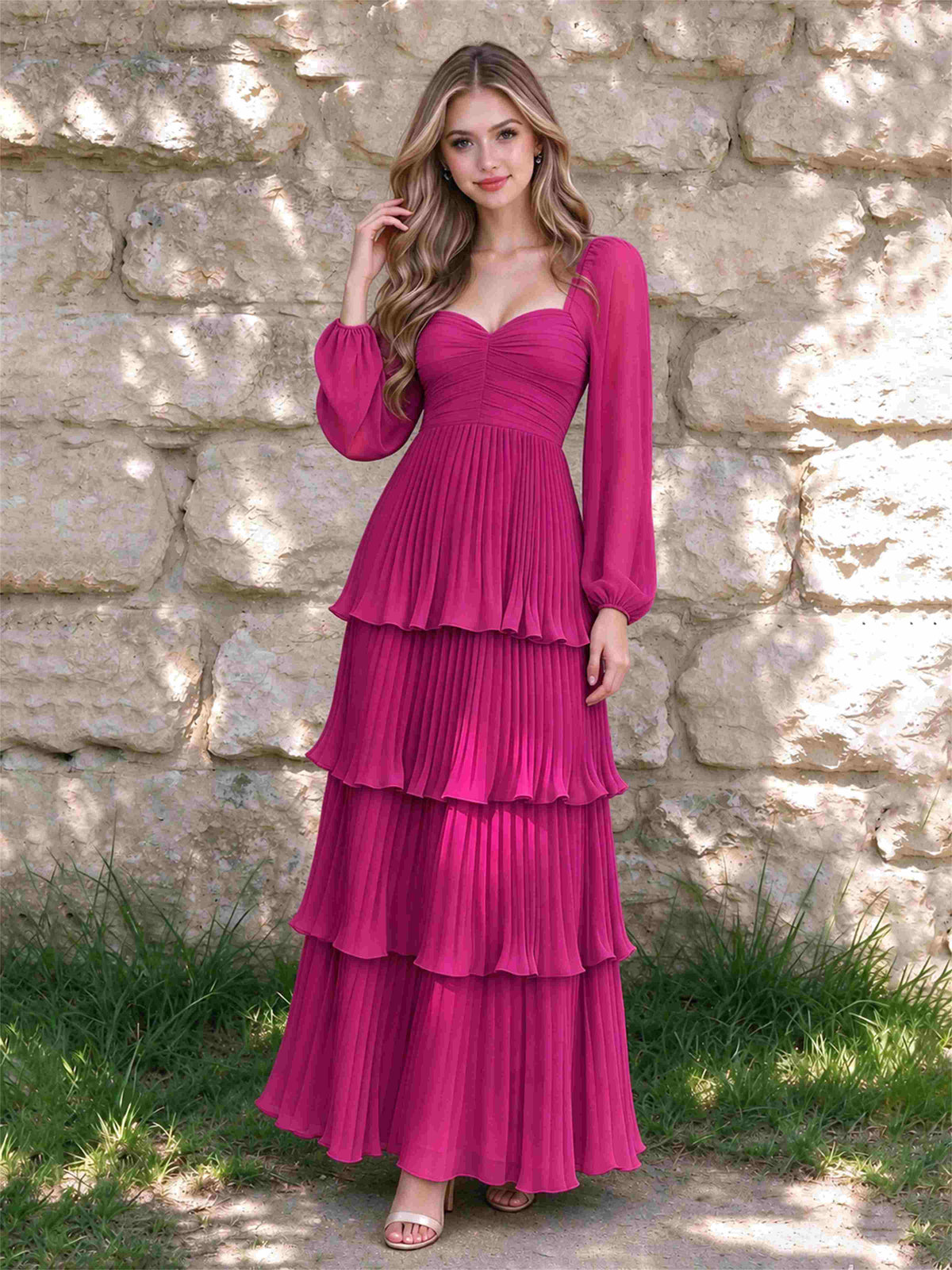 Sweetheart A-Line Long Sleeves Chiffon Tiered Pleated Wedding Guest Dress