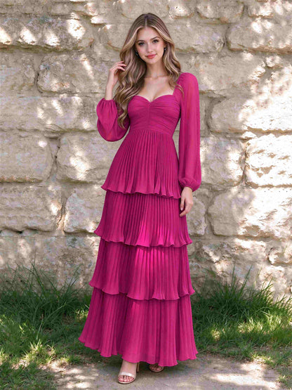 Sweetheart A-Line Long Sleeves Chiffon Tiered Pleated Wedding Guest Dress
