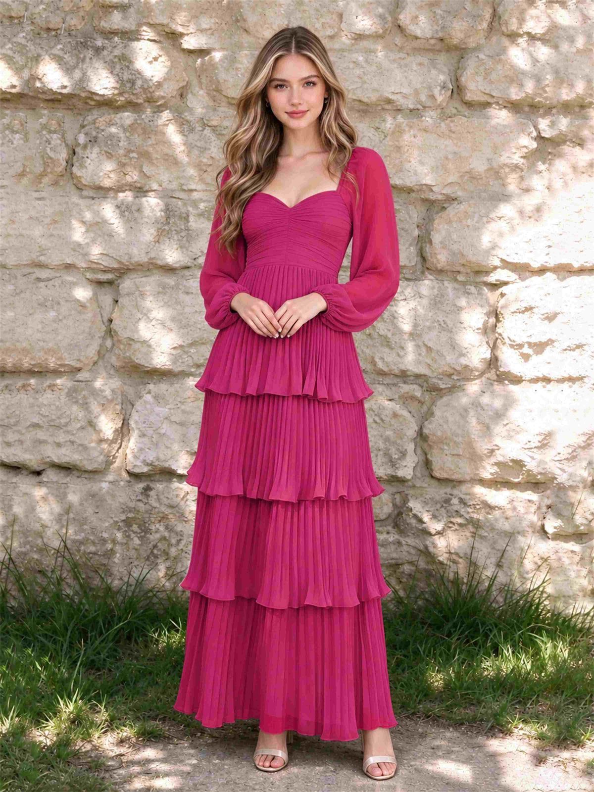 Sweetheart A-Line Long Sleeves Chiffon Tiered Pleated Wedding Guest Dress