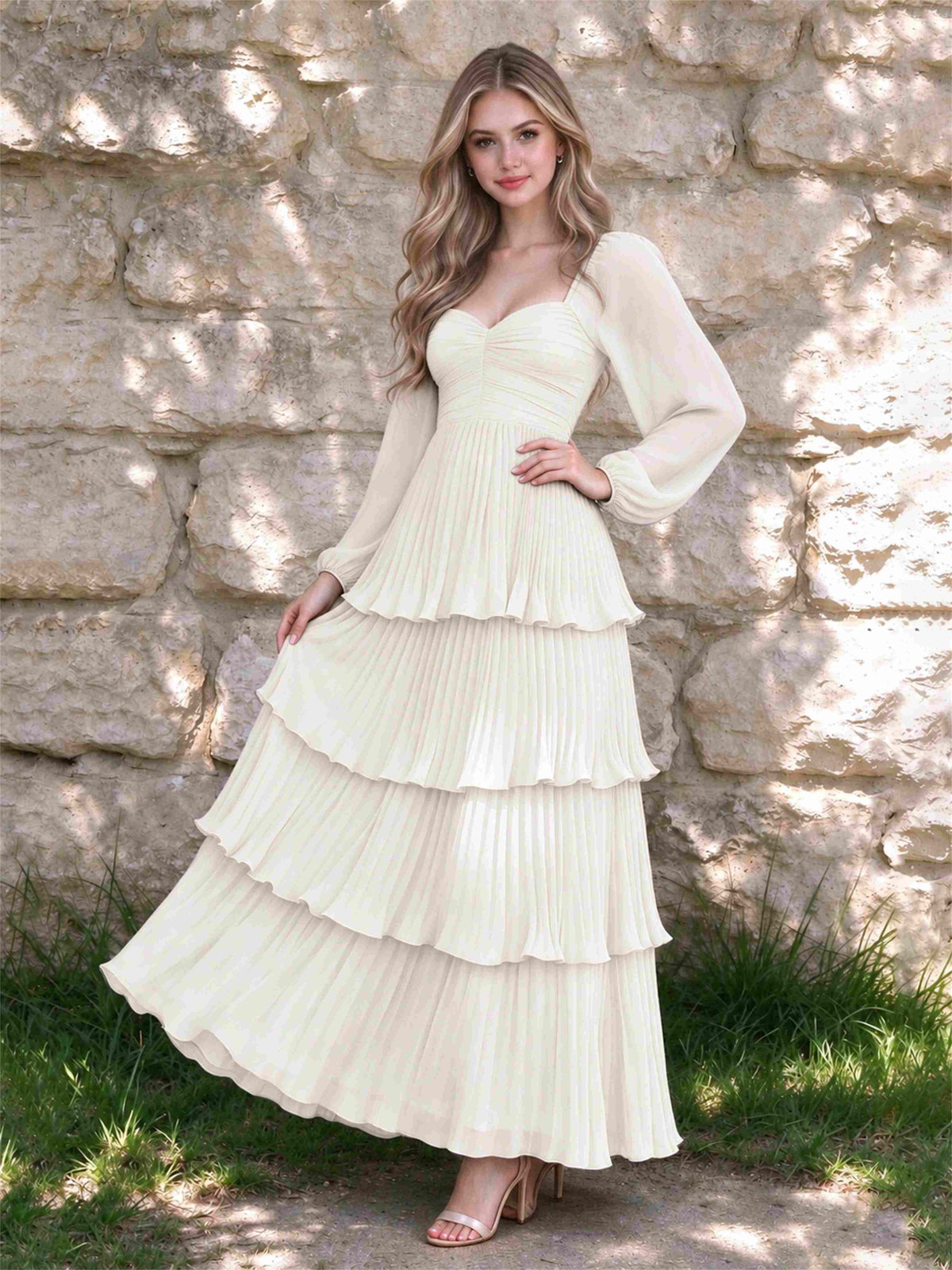 Sweetheart A-Line Long Sleeves Chiffon Tiered Pleated Wedding Guest Dress
