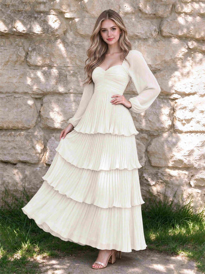 Sweetheart A-Line Long Sleeves Chiffon Tiered Pleated Wedding Guest Dress