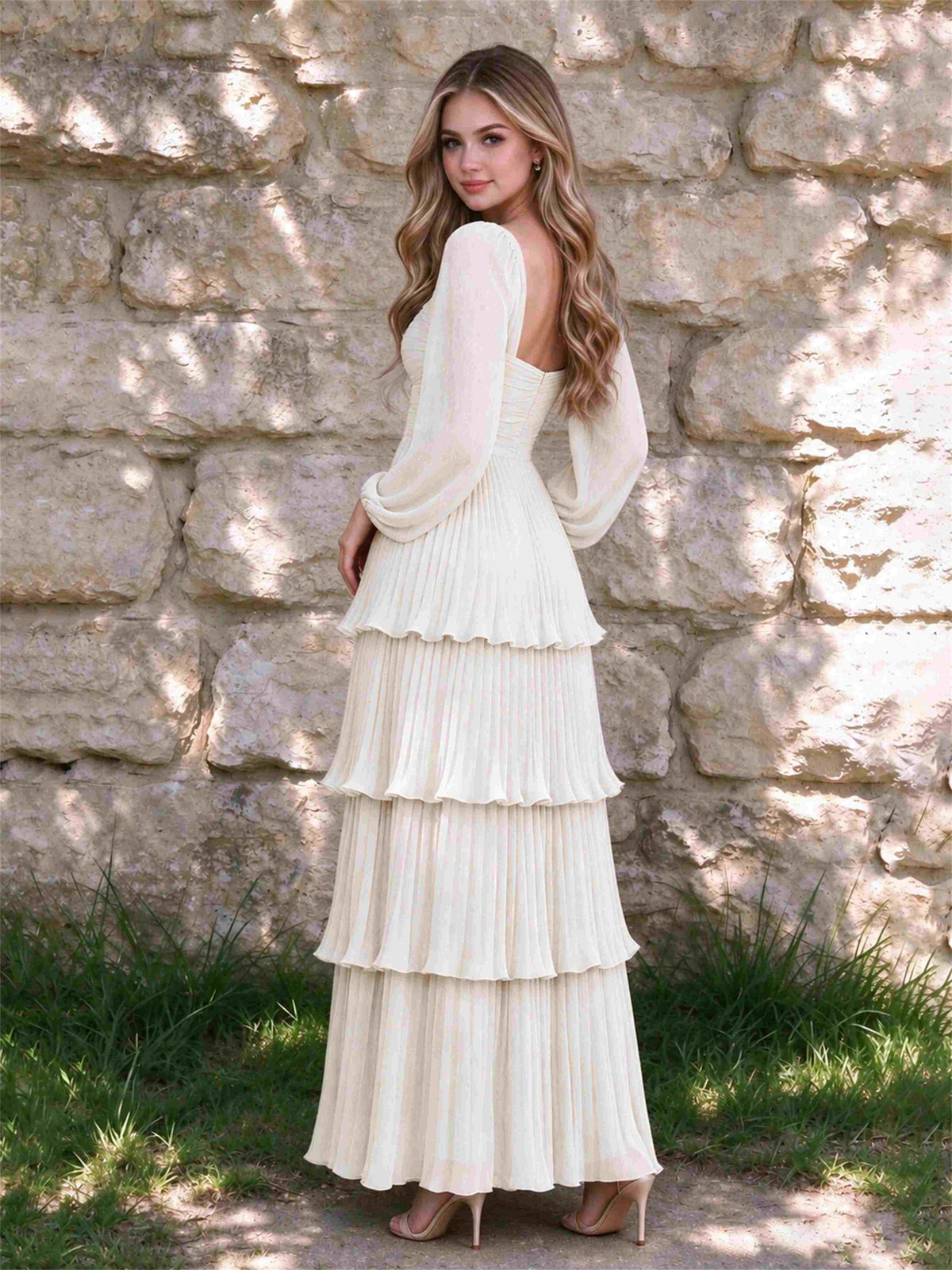 Sweetheart A-Line Long Sleeves Chiffon Tiered Pleated Wedding Guest Dress