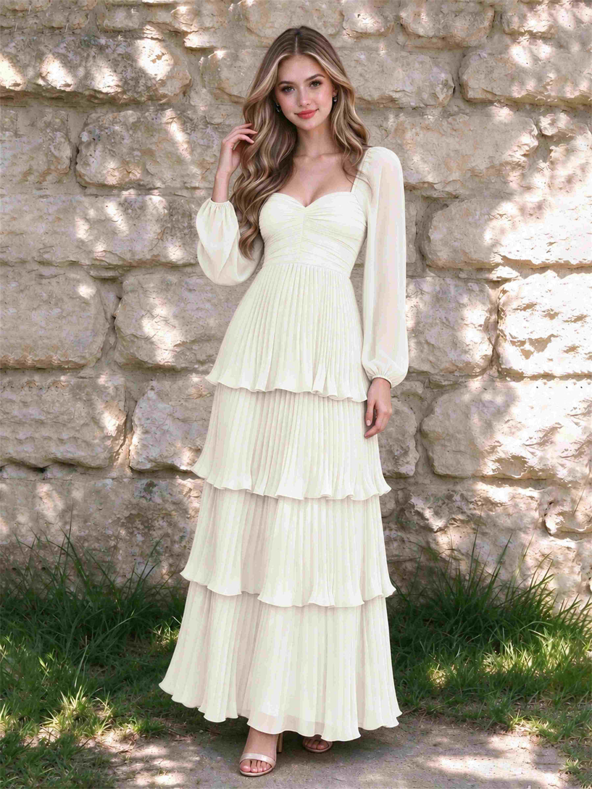 Sweetheart A-Line Long Sleeves Chiffon Tiered Pleated Wedding Guest Dress
