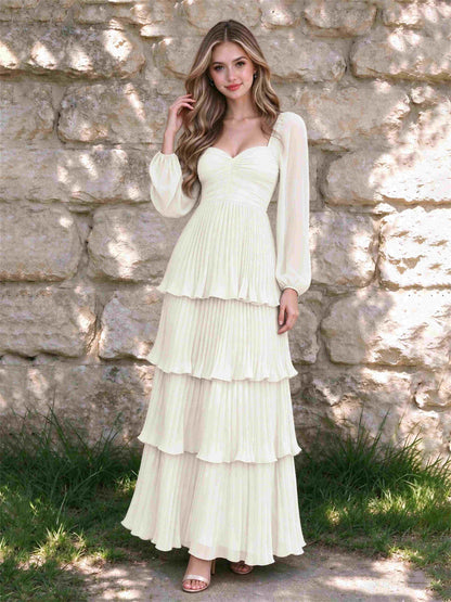 Sweetheart A-Line Long Sleeves Chiffon Tiered Pleated Wedding Guest Dress