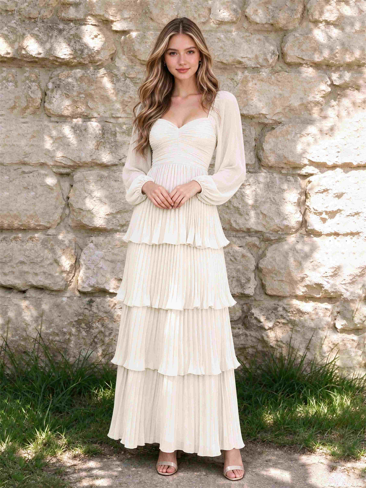 Sweetheart A-Line Long Sleeves Chiffon Tiered Pleated Wedding Guest Dress