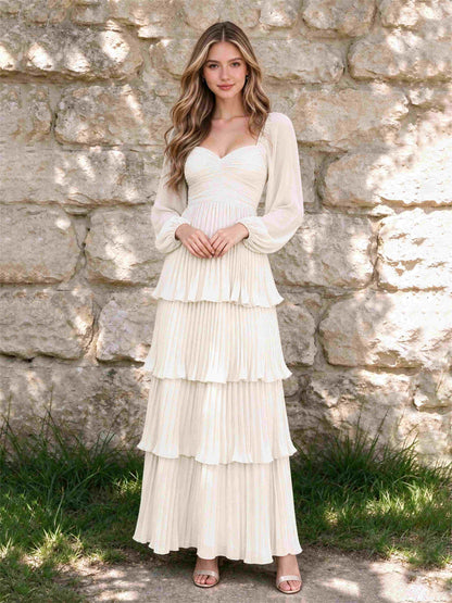 Sweetheart A-Line Long Sleeves Chiffon Tiered Pleated Wedding Guest Dress