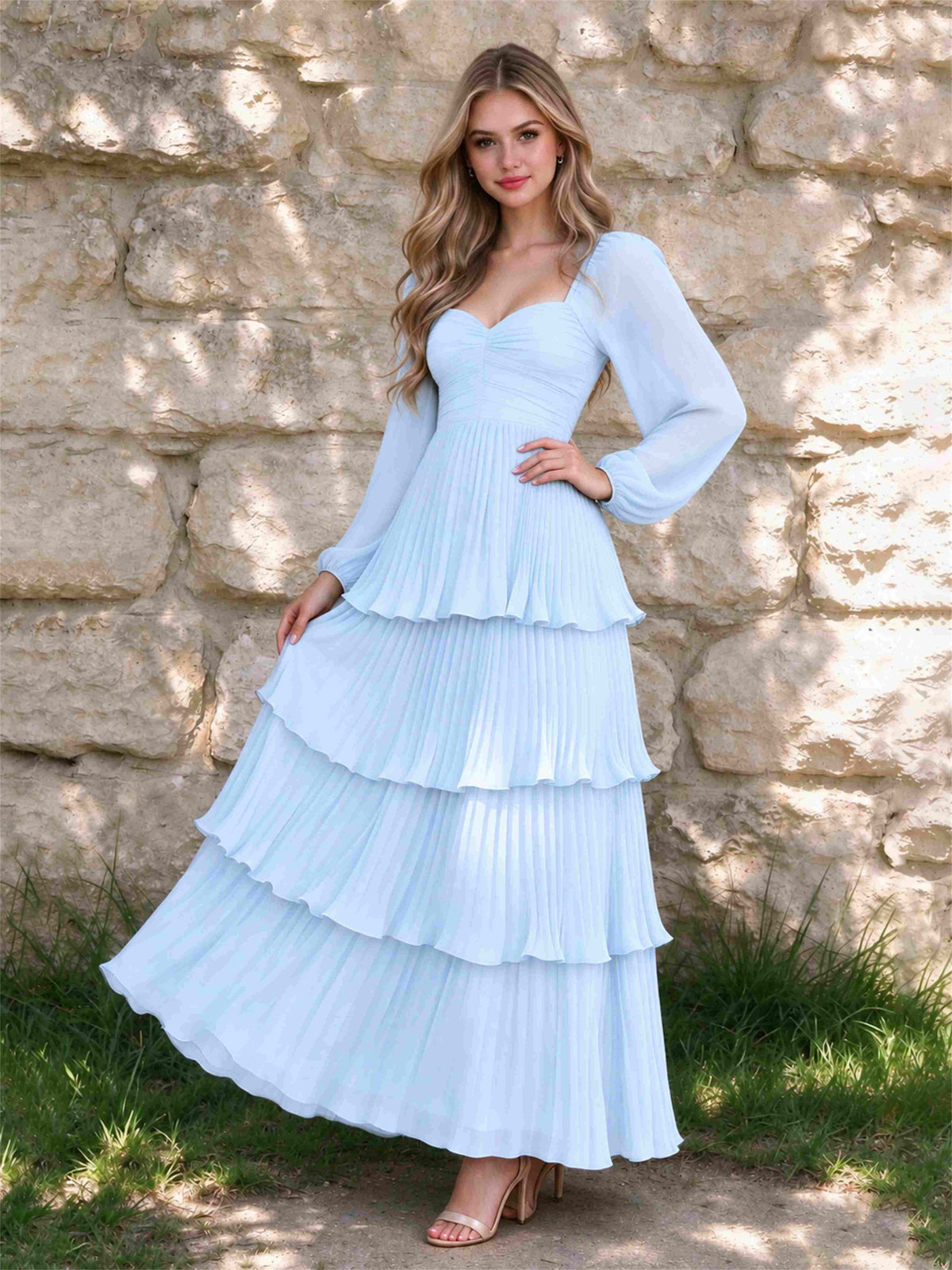 Sweetheart A-Line Long Sleeves Chiffon Tiered Pleated Wedding Guest Dress