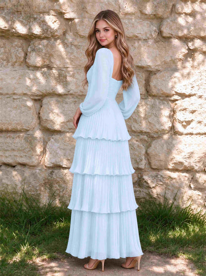 Sweetheart A-Line Long Sleeves Chiffon Tiered Pleated Wedding Guest Dress