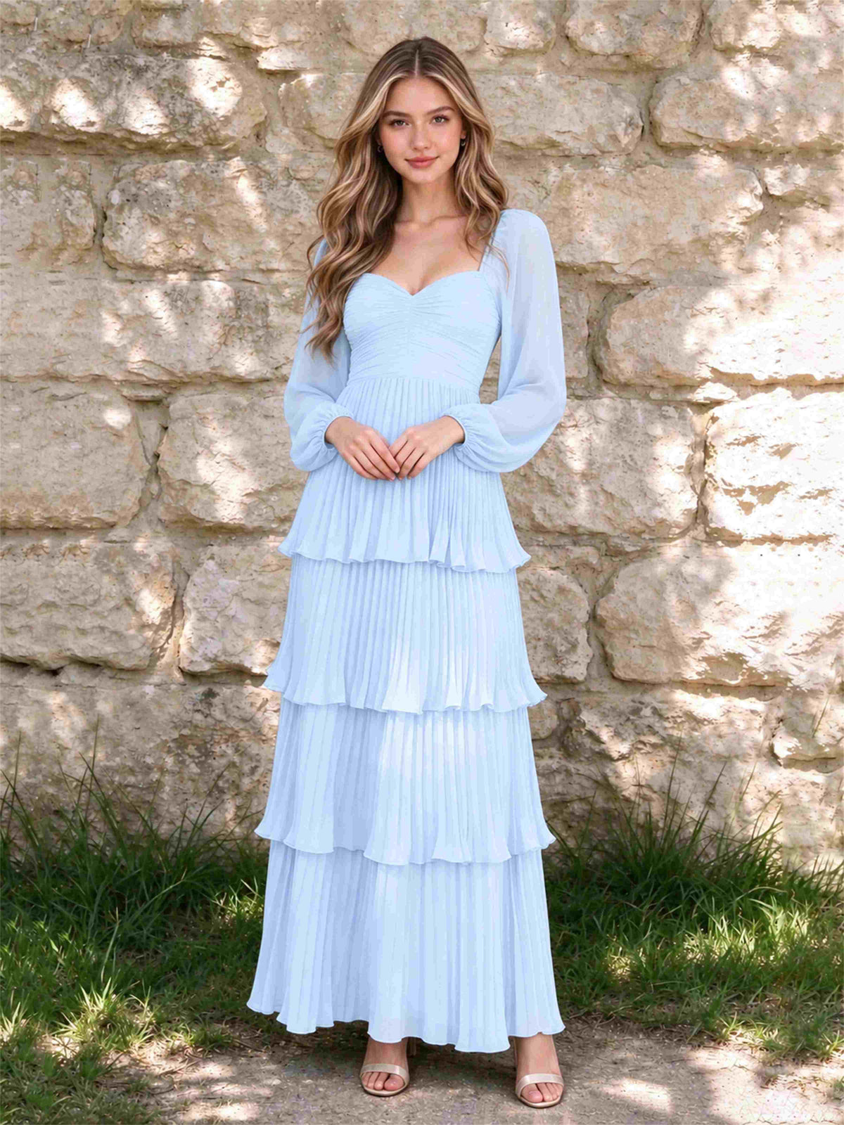 Sweetheart A-Line Long Sleeves Chiffon Tiered Pleated Wedding Guest Dress