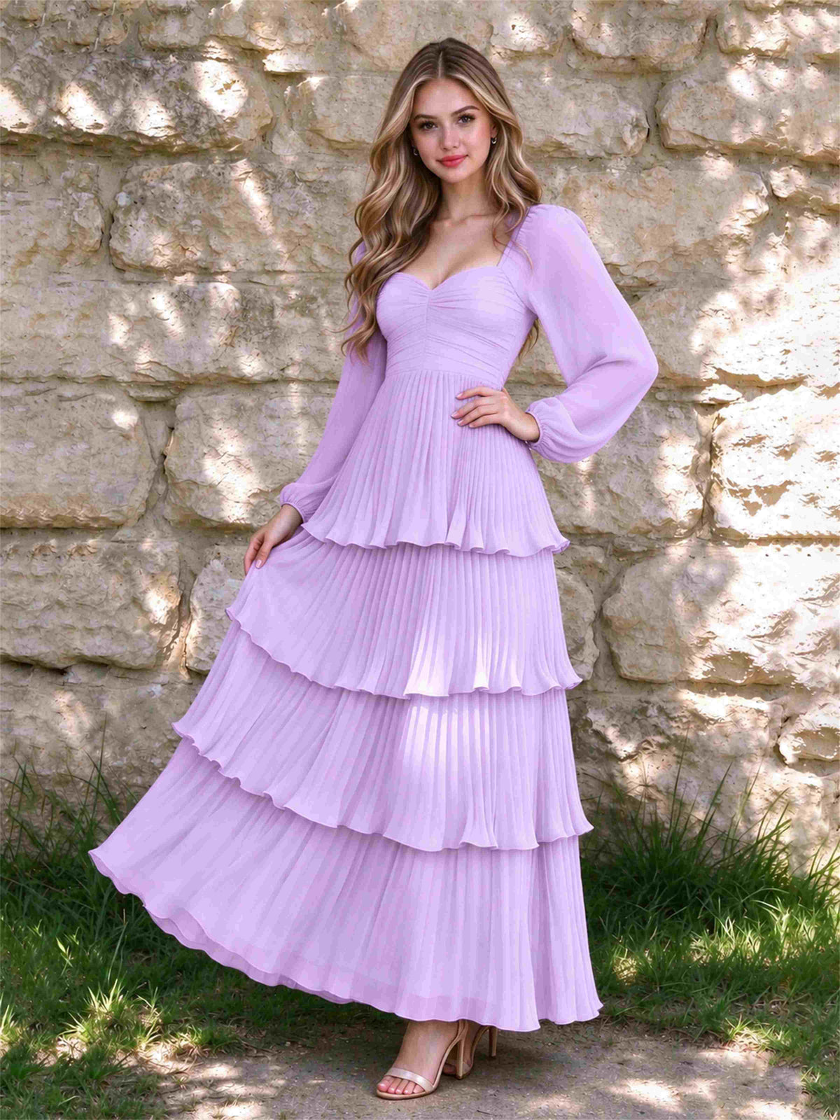 Sweetheart A-Line Long Sleeves Chiffon Tiered Pleated Wedding Guest Dress