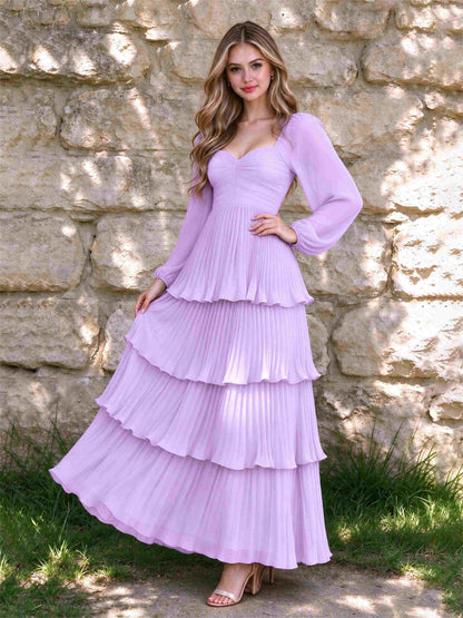 Sweetheart A-Line Long Sleeves Chiffon Tiered Pleated Wedding Guest Dress