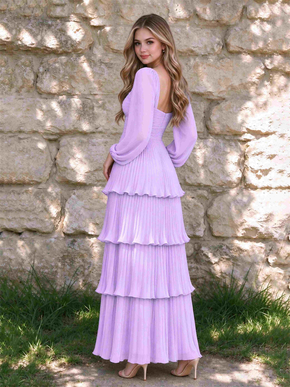 Sweetheart A-Line Long Sleeves Chiffon Tiered Pleated Wedding Guest Dress