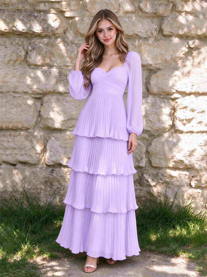 Sweetheart A-Line Long Sleeves Chiffon Tiered Pleated Wedding Guest Dress