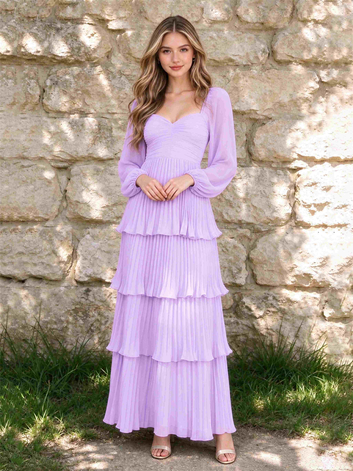 Sweetheart A-Line Long Sleeves Chiffon Tiered Pleated Wedding Guest Dress