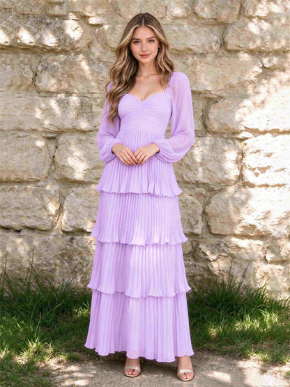 Sweetheart A-Line Long Sleeves Chiffon Tiered Pleated Wedding Guest Dress