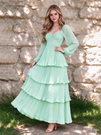 Sweetheart A-Line Long Sleeves Chiffon Tiered Pleated Wedding Guest Dress