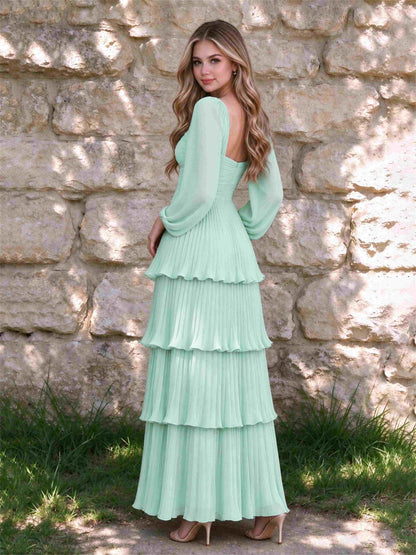 Sweetheart A-Line Long Sleeves Chiffon Tiered Pleated Wedding Guest Dress