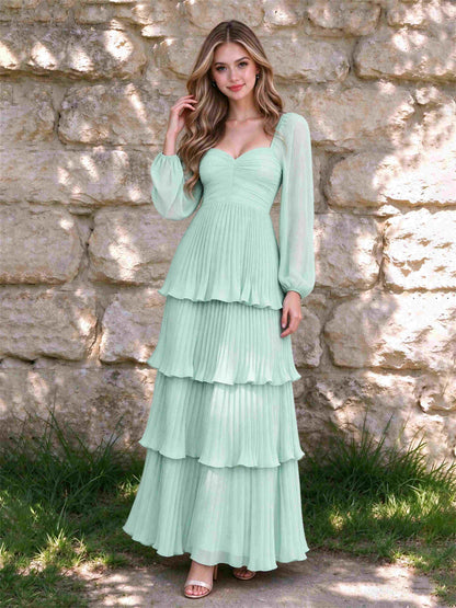 Sweetheart A-Line Long Sleeves Chiffon Tiered Pleated Wedding Guest Dress