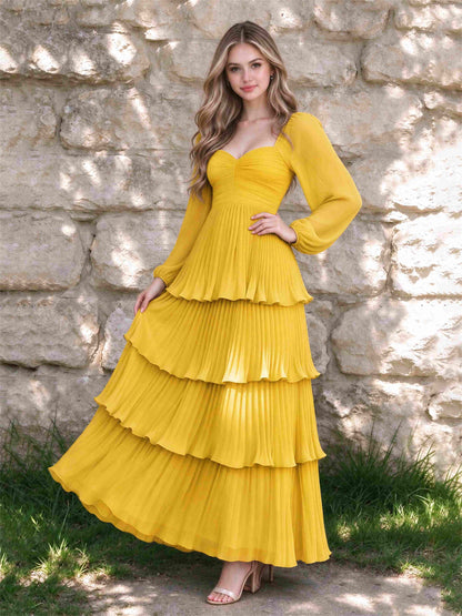 Sweetheart A-Line Long Sleeves Chiffon Tiered Pleated Wedding Guest Dress