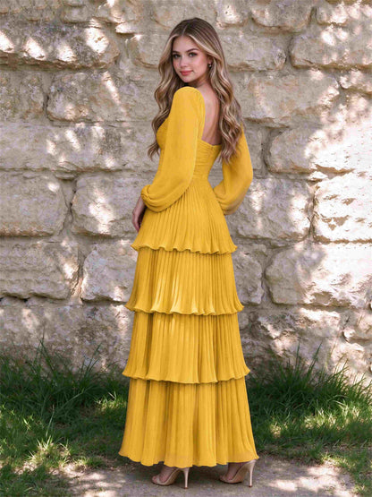 Sweetheart A-Line Long Sleeves Chiffon Tiered Pleated Wedding Guest Dress