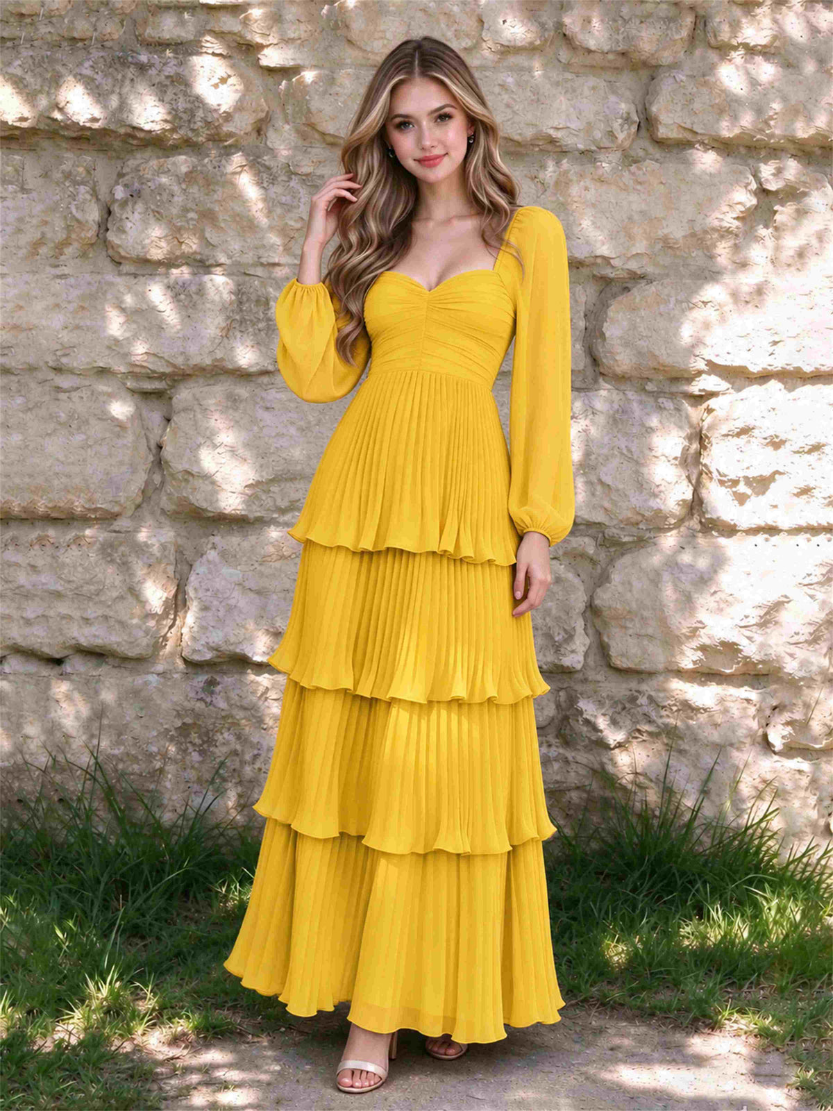 Sweetheart A-Line Long Sleeves Chiffon Tiered Pleated Wedding Guest Dress