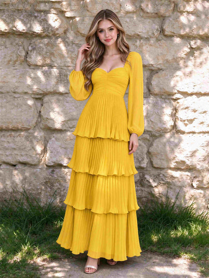 Sweetheart A-Line Long Sleeves Chiffon Tiered Pleated Wedding Guest Dress