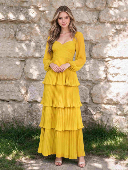 Sweetheart A-Line Long Sleeves Chiffon Tiered Pleated Wedding Guest Dress
