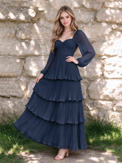 Sweetheart A-Line Long Sleeves Chiffon Tiered Pleated Wedding Guest Dress