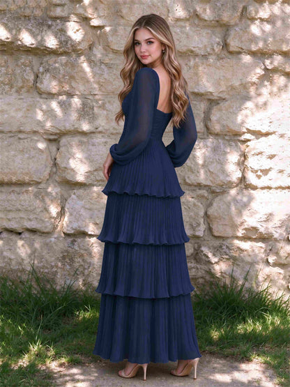 Sweetheart A-Line Long Sleeves Chiffon Tiered Pleated Wedding Guest Dress