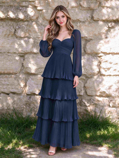 Sweetheart A-Line Long Sleeves Chiffon Tiered Pleated Wedding Guest Dress