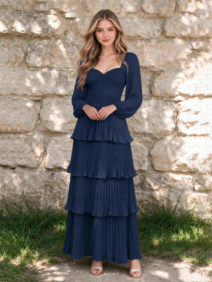 Sweetheart A-Line Long Sleeves Chiffon Tiered Pleated Wedding Guest Dress