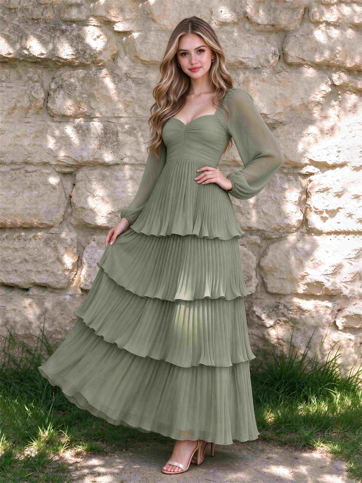 Sweetheart A-Line Long Sleeves Chiffon Tiered Pleated Wedding Guest Dress